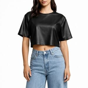 Express Black Faux Leather Crop Top Crewneck Short Sleeve Tee Medium T-Shirt